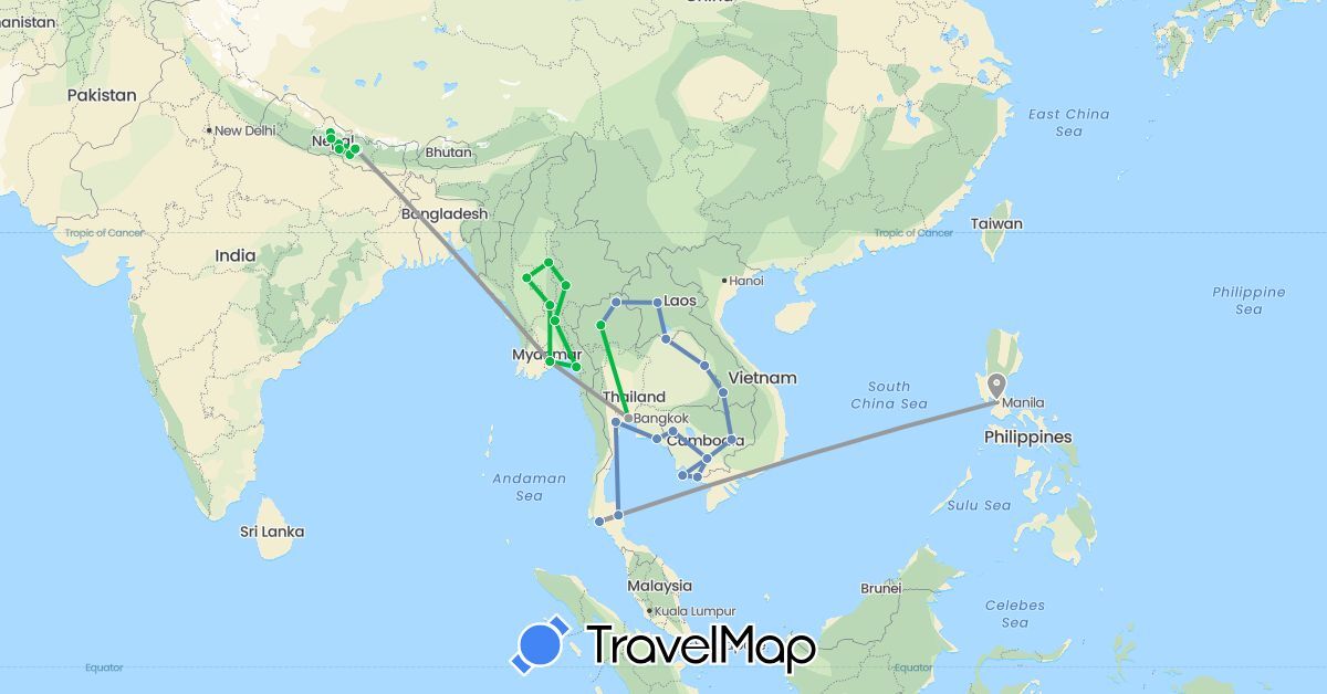 TravelMap itinerary: driving, bus, plane, cycling in Cambodia, Laos, Myanmar (Burma), Nepal, Philippines, Thailand (Asia)