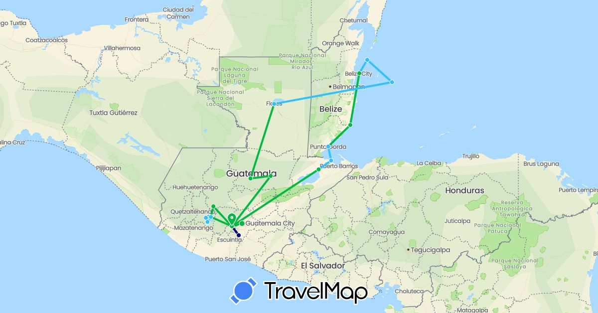 TravelMap itinerary: driving, bus, boat in Belize, Guatemala (North America)