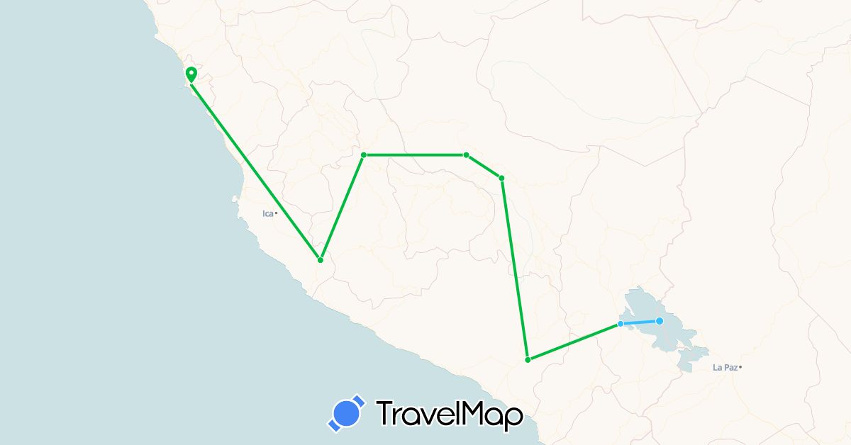 TravelMap itinerary: driving, bus, boat in Bolivia, Peru (South America)